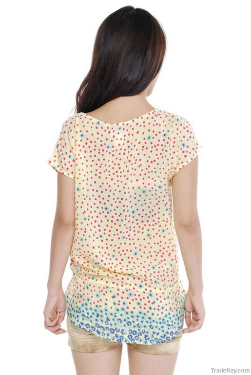 2012short sleeve scoop neckline polka dot print blouse
