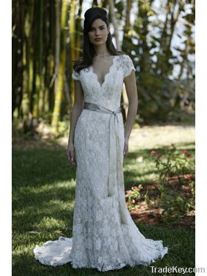 sheath column vneck scallopededge cap sleeve wedding dress