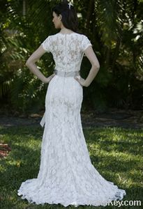 sheath column vneck scallopededge cap sleeve wedding dress
