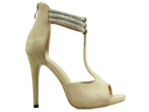 Ladies Diamond Ankle Strap Peep Toe Nude Heel Sandals