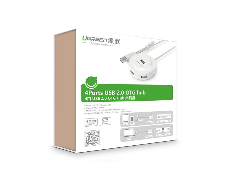 UGREEN 20271 USB 2.0 Hub 4 ports with OTG function for your PC, cell phones, eReaders, tablets etc.