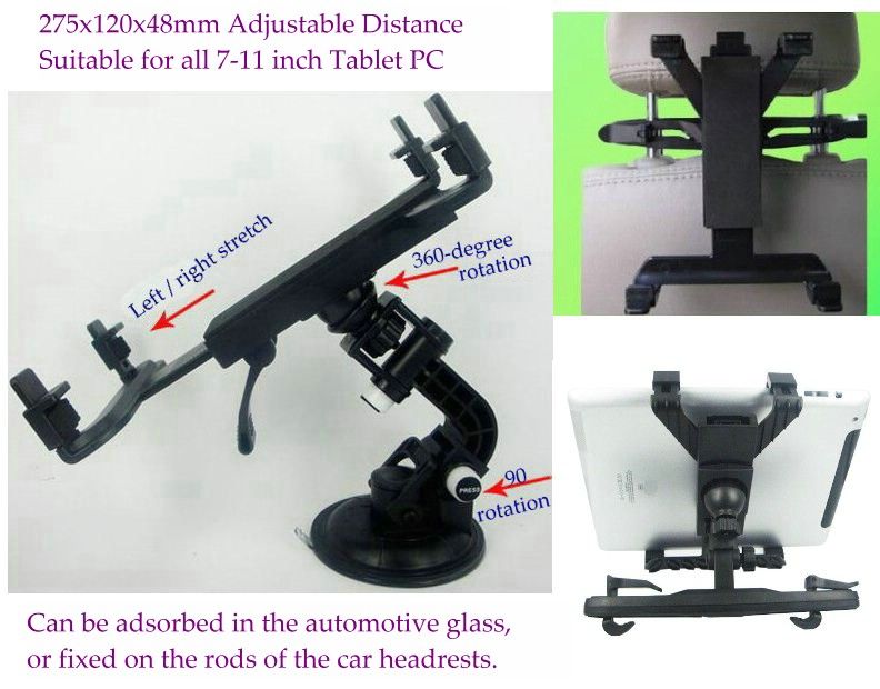 7-11 Inch Tablet PC PDA Multi-Use Adjustable Car Mounting Bracket,Adsorbed on Car Glass, Fixed in Car Headrest Rods