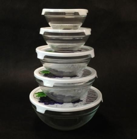 5 PCS Glass Bowl Set With heat transfer Design on Plastic Lid