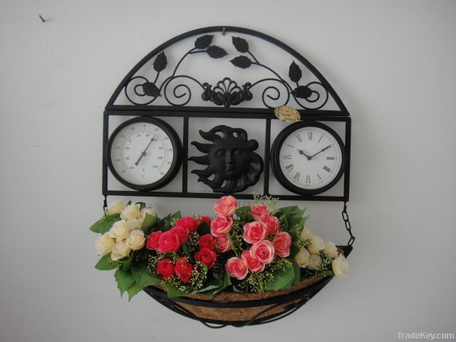 Clock And Thermometer with Flower Basket Design