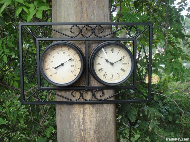 Clock And Thermometer with Flower Basket Design