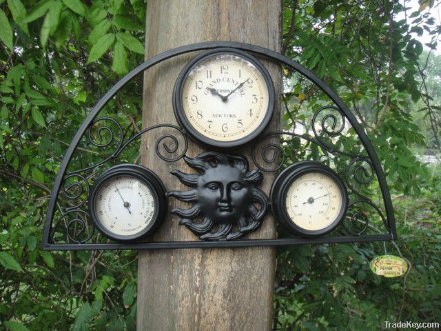 Clock And Thermometer with Flower Basket Design