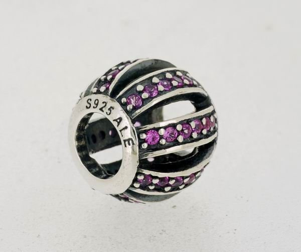 Solid 925 Sterling Silver "Pink Openwork Pave Barrel Charm" Bead with Thread Core fitting for European bracelets