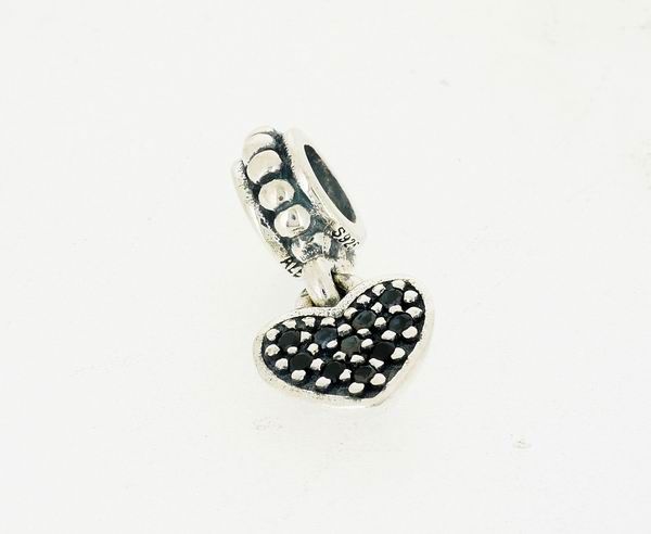 Genuine 925 Sterling Silver "Black Pave Heart" Charm Bead with Thread Core fitting for European bracelets
