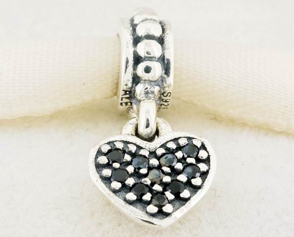 Genuine 925 Sterling Silver "Black Pave Heart" Charm Bead with Thread Core fitting for European bracelets