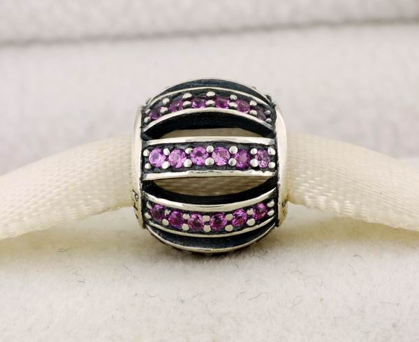 Solid 925 Sterling Silver "Pink Openwork Pave Barrel Charm" Bead with Thread Core fitting for European bracelets