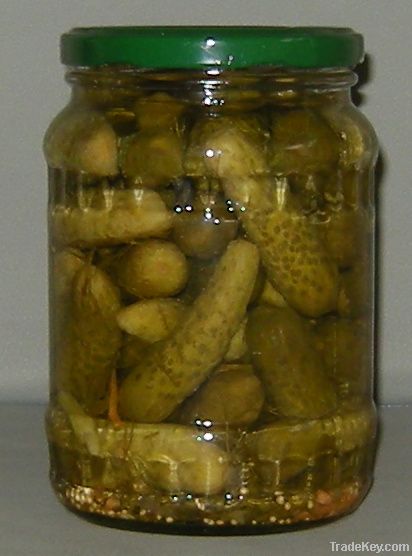 Gherkins in glass jars and Drums