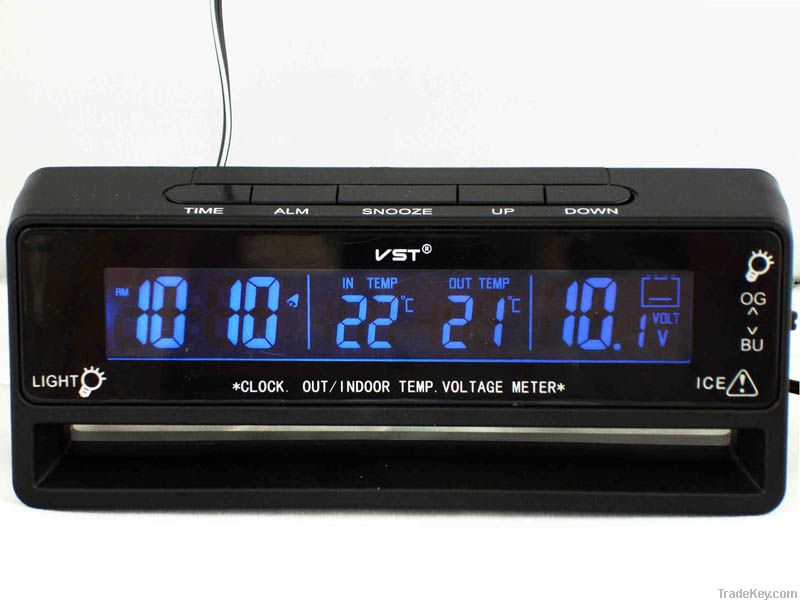 LCD Car Clock with double color and thermometer & car voltage