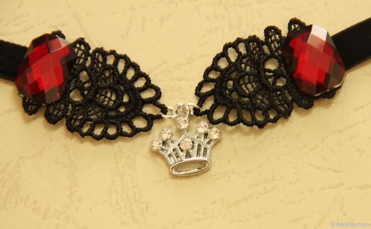 Hot Style Nice Black Lace+resin Diamond Women Necklace