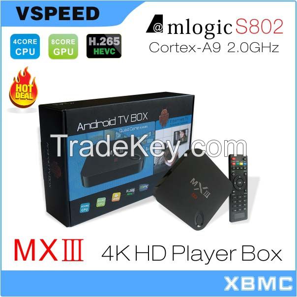 Android 4.4 TV Box1080p Android TV Box Mxiii S802 M82 (MX3) 4k Video Play Back, Pre-Installed Xbmc, Miracast, Dlna, Airplay