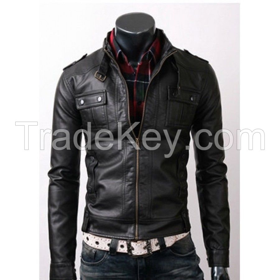 men black leather jacket,  with flap button pocket and belted collar