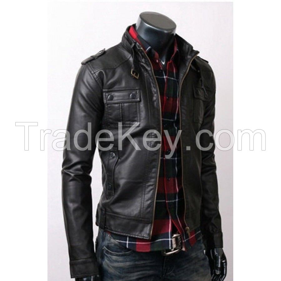 men black leather jacket,  with flap button pocket and belted collar