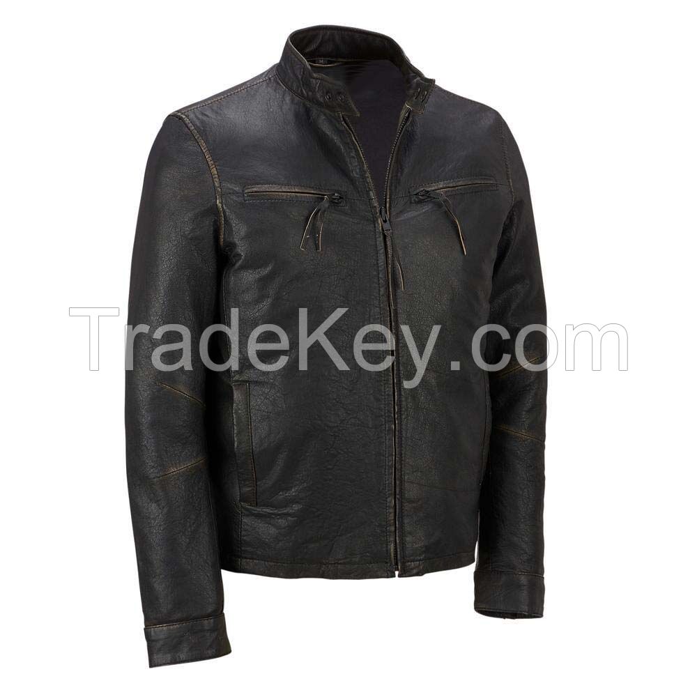 Customize Motorbike Black Leather Jacket Men With Fur Collar