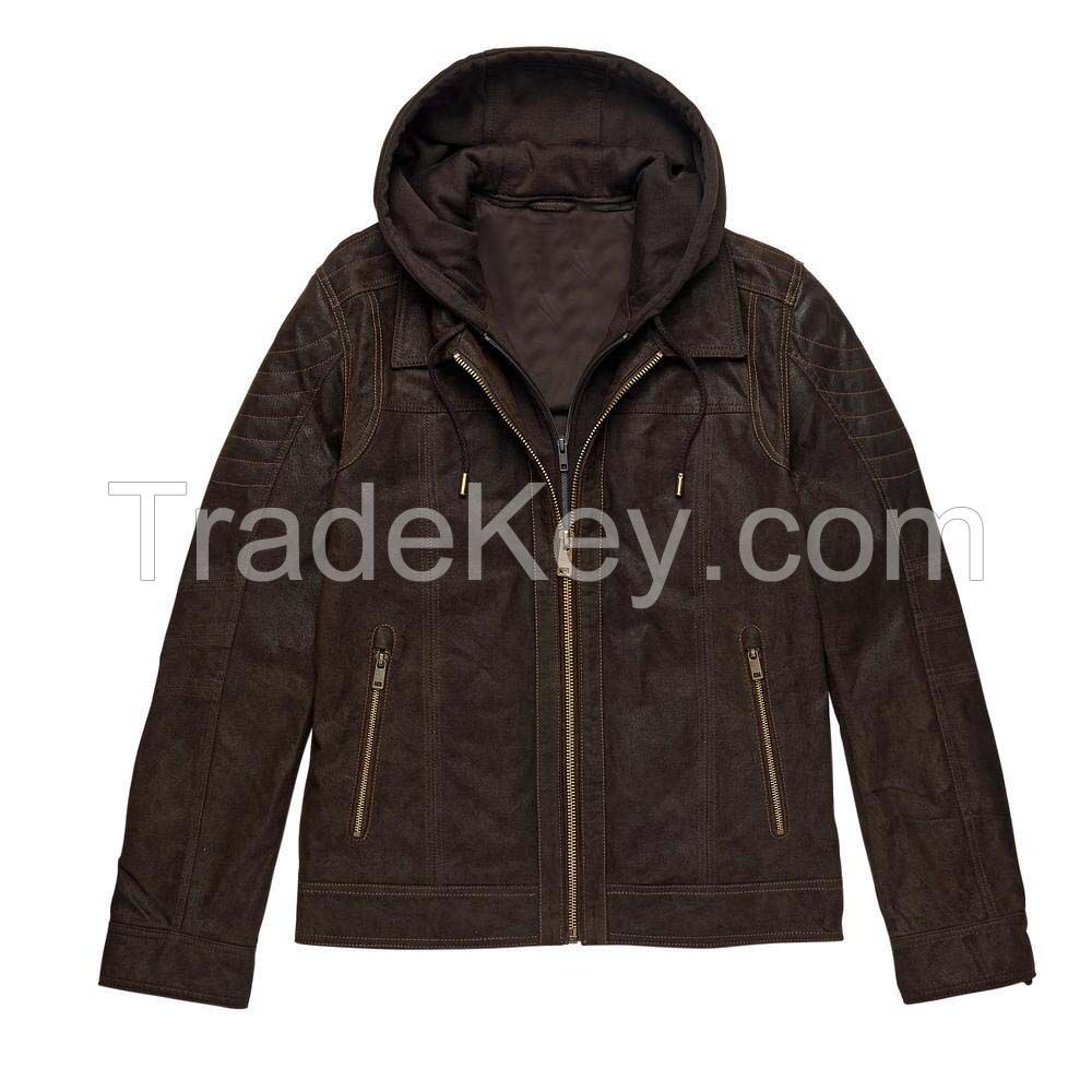 New Look Casual Clothing Mens Black Leather Bomber Jacket with Hood