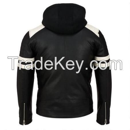 2017 fashion design mens black leather Neoprene Hooded Jacket