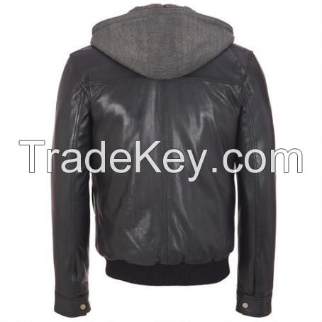 winter fashion men black varsity pu leather jacket with hood