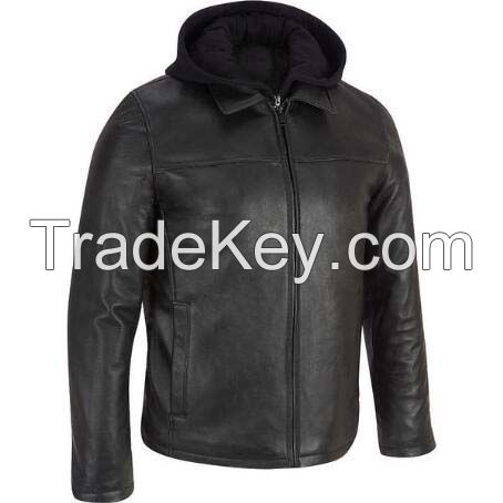 American Style Fashion Mens Leather Hooded Motorcycle Coat and Jacket