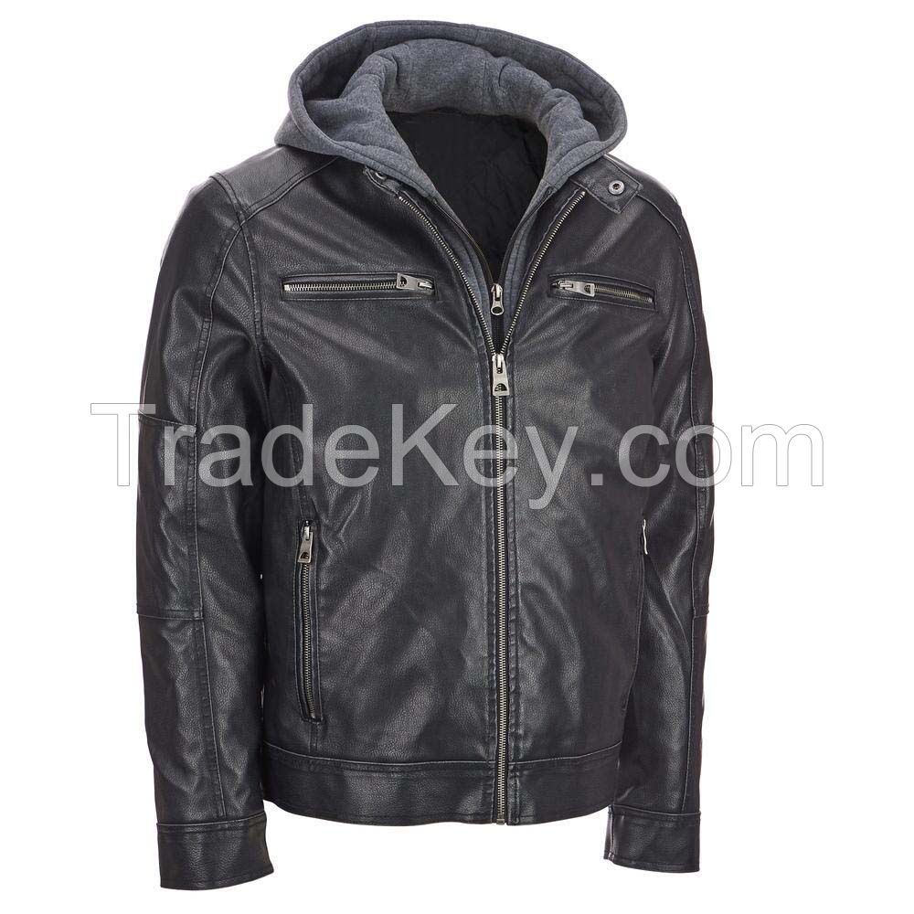 high quality black hooded varsity faux leather jackets for men