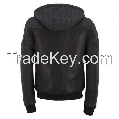 Genuine leather jacket with hood collar made of fleece, slim fit silver zippered. 