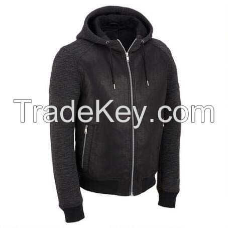 Genuine leather jacket with hood collar made of fleece, slim fit silver zippered.