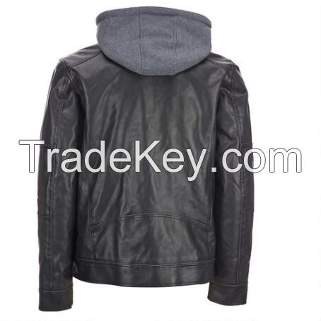 high quality black hooded varsity faux leather jackets for men