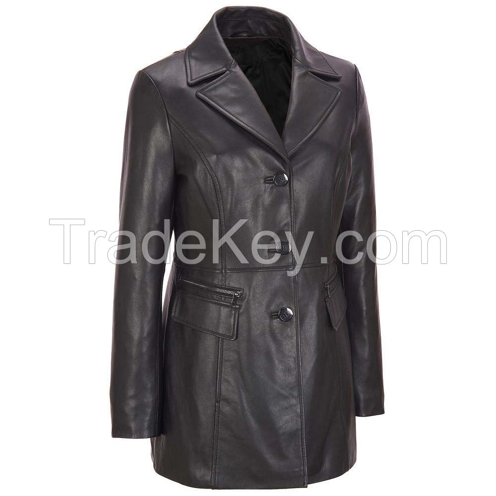 Black Leather Ladies Long Coats Woman Fashion Ladies Long Coats