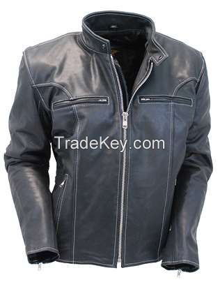 High quality motorcycle standing collar leather man jacket
