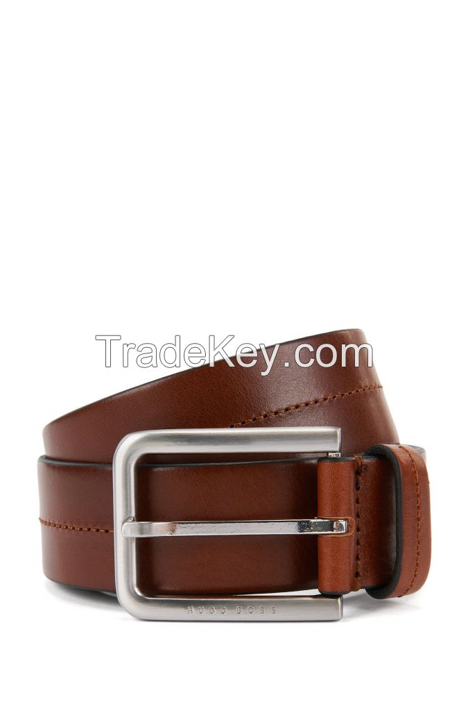 Design leather belt for men with silver buckle