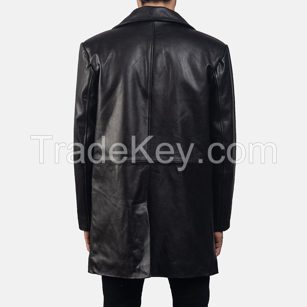 pure black leather long coat