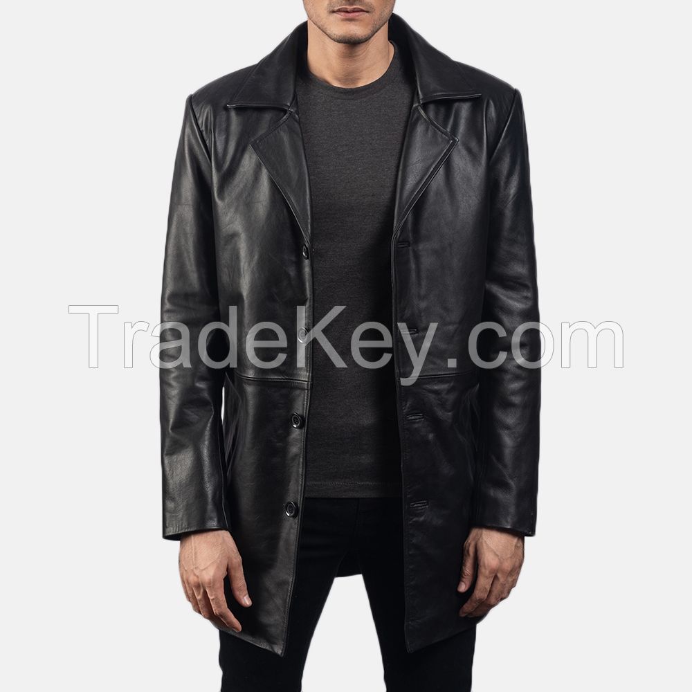 pure black leather long coat