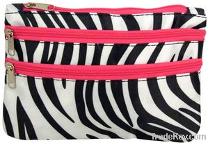 Zebra dual zipper satin cosmetic travel pouch