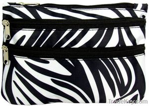 Zebra dual zipper satin cosmetic travel pouch