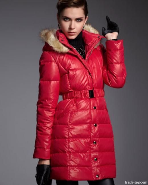 Fashionable Hooded Belted Fur Collar Women Parkas