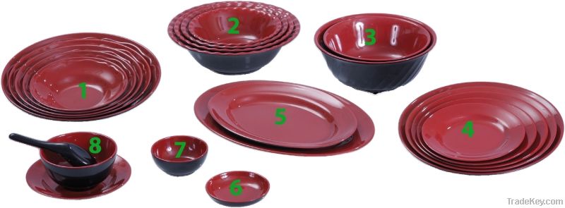 Red and black Japanese style melamine dinnerware set with plates, bowl