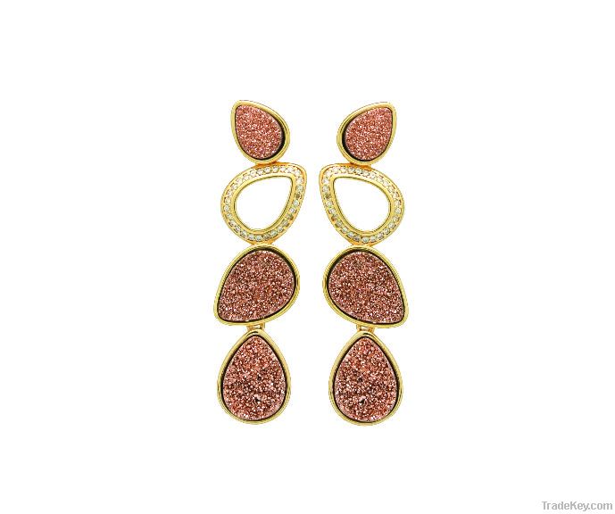 GOLD PLATED EARRING WITH ROSE DRUZY AND ZIRCON