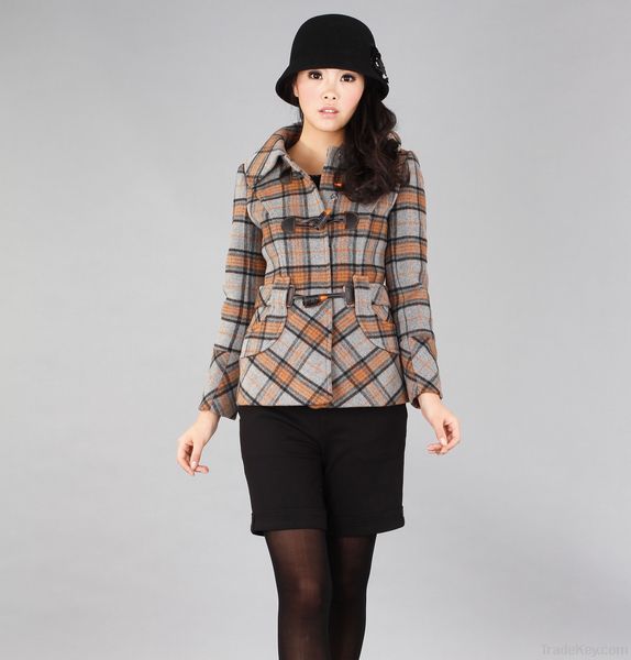 Woman England Style Duffle Check Wool Coat