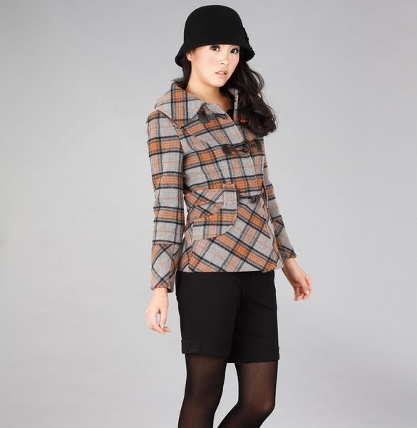 Woman England Style Duffle Check Wool Coat