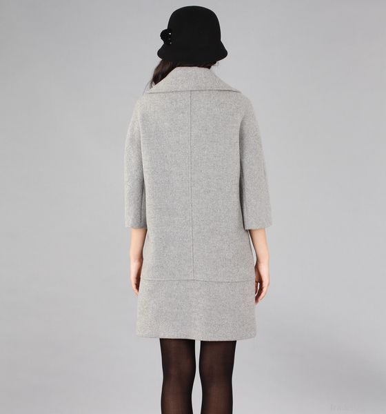 Woman Gray Single-breasted Three Quarter Sleeve Wool Coat