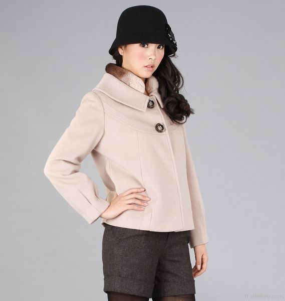 Woman Fashion Rabbit Fur Collar Wool Coat