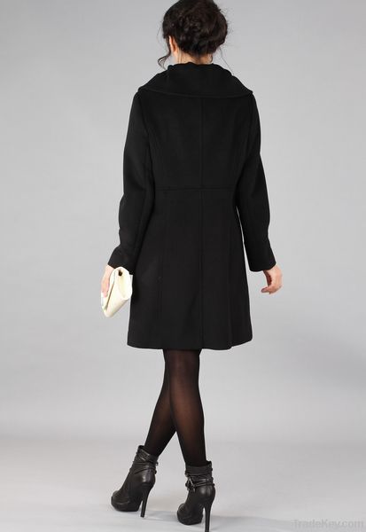 Woman Classic Black Turndown Flower Collar Wool Tweed Coat