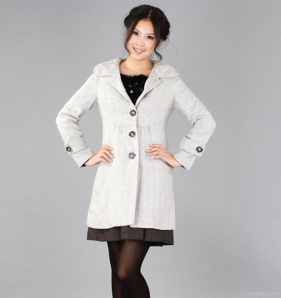 Woman Grey Turndown Collar High Waist Spring Wool Coat