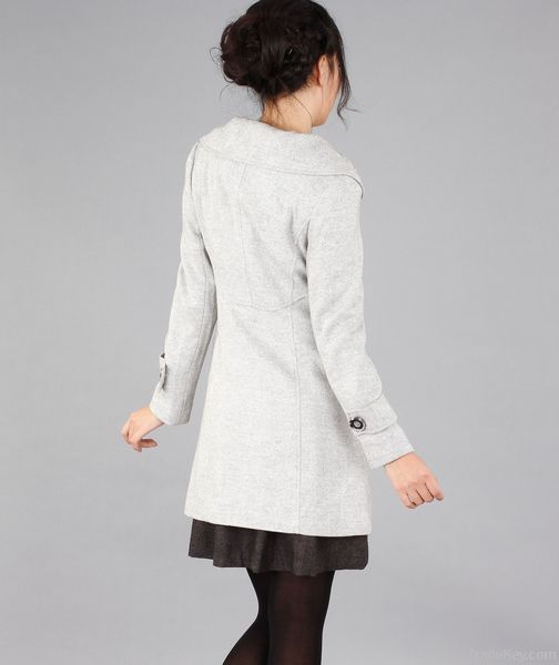 Woman Grey Turndown Collar High Waist Spring Wool Coat