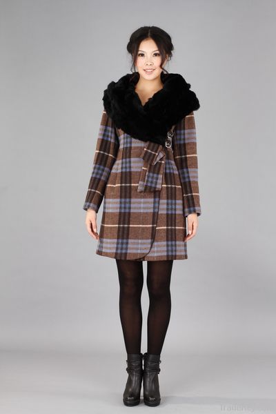 Woman England Check Turndown Rabbit Fur Collar Wool Tweed Coat