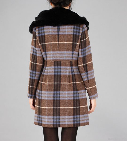 Woman England Check Turndown Rabbit Fur Collar Wool Tweed Coat