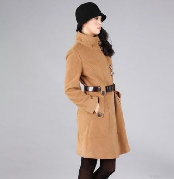 Woman Classic Khaki Standing Collar Belt Wool Coat