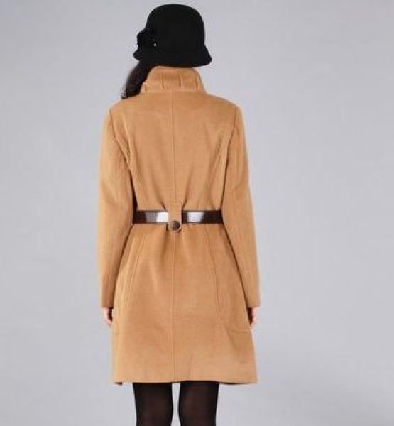 Woman Classic Khaki Standing Collar Belt Wool Coat